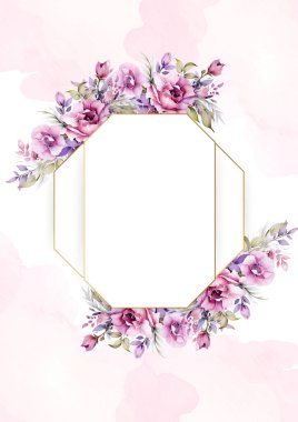 Mor menekşe ve pembe modern çelenk. Çiçek ve flora çerçeveli.