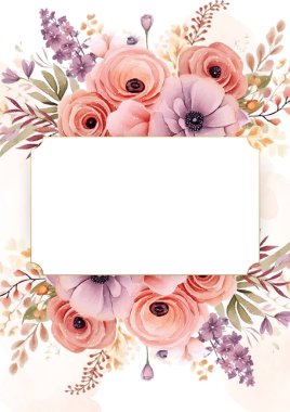 Mor menekşe ve kırmızı davetiye arkaplan çiçekli suluboya resim