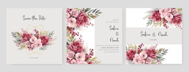 Pembe ve kırmızı gül ve çiçek ve çiçek desenli gelincik düğün davetiyesi şablonu
