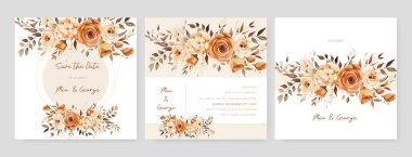 Turuncu ve bej renkli düğün davetiyesi şablonu. Şekiller ve çiçekli kenar.