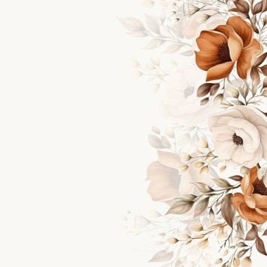 Turuncu ve beyaz suluboya elle boyanmış arka plan şablonu çiçek ve bitki örtüsü ile davetiye için