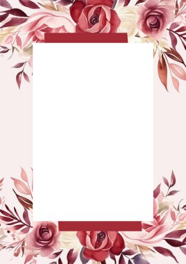 Çiçek ve bitki örtüsü ile yeşillik desenli pembe ve kırmızı vektör çerçevesi