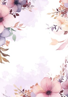 Bitki örtüsü ve çiçek desenli pembe ve mor menekşe vektör çerçevesi