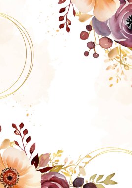 Çiçek ve bitki örtüsü olan şeftali ve kırmızı vektör çerçevesi