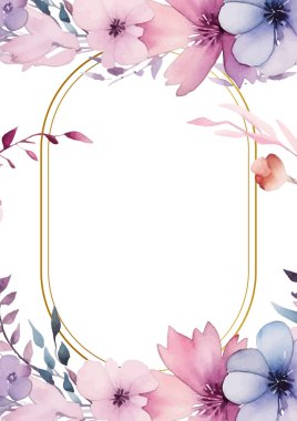 Pembe beyaz ve mavi suluboya el boyalı arka plan şablonu Davetiye ve çiçek ile