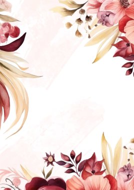 Kırmızı ve şeftali rengi modern arkaplan çiçekli suluboya davetiyesi