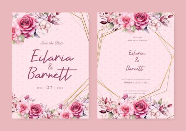 Çiçek çerçeveli pembe gül düğün davetiyesi şablonu