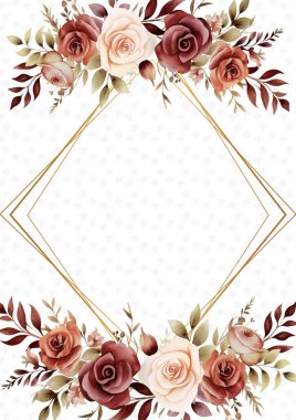 Kırmızı ve bej renkli modern çelenk çiçek ve bitki örtülü davet çerçevesi