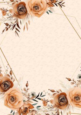 Kahverengi ve bej renkli suluboya el boyası arkaplan şablonu Davetiye ve çiçekli