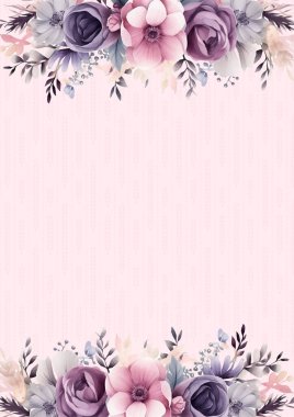 Pembe ve mor menekşe arkaplan çiçeği ve flora ile davetiye şablonu
