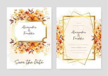 Portakal orkidesi, çiçek ve çiçekli modern düğün davetiyesi şablonu