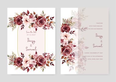 Kırmızı ve pembe gül ve şakayıklı lüks düğün davetiyesi altın çizgili çiçek ve botanik yapraklar, şekiller, suluboya