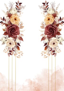 Kahverengi bej ve turuncu suluboya el boyası arkaplan şablonu Davetiye ve çiçekli