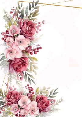 Pembe ve kırmızı davetiye arkaplan çiçekli suluboya resim