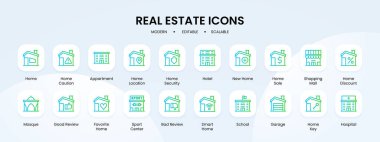 Mavi ve yeşil çizgili emlak ikonu koleksiyonu. Ev, ev, satış, daire, bina, ipotek, kira. Vektör İllüstrasyonu