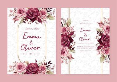 Pembe ve kırmızı gül, çiçek ve çiçekli modern düğün davetiyesi şablonu