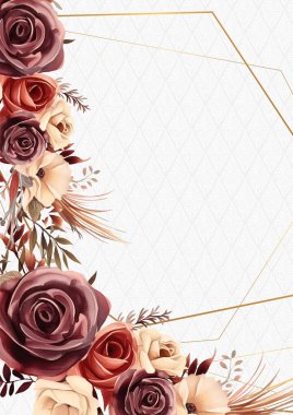 Kırmızı ve bej vektör gerçekçi altın renkli çiçek ve flora davetiyesi