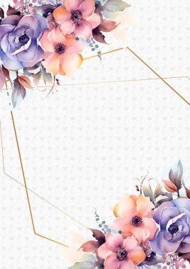 Pembe ve mor menekşe arkaplan çiçeği ve flora ile davetiye şablonu