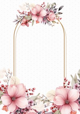 Çiçek ve bitki örtüsü ile yeşillik desenli pembe vektör çerçevesi