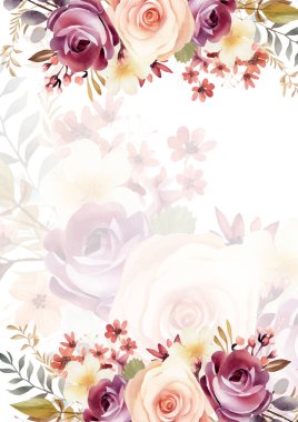 Turuncu ve mor menekşe arkaplan çiçeği ve flora ile davetiye şablonu