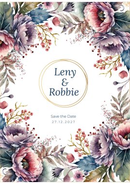 Renkli renkli çiçek vektörü suluboya düğün davetiyesi şablonu. Altın çiçeklerle süslenmiş.