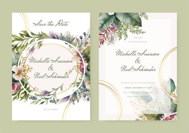 Suluboya düğün davetiye şablonu. Romantik mor menekşe çiçekli ve süslemeli.