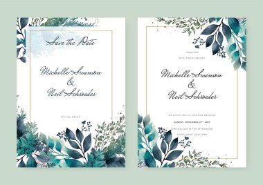 düğün davetiyesi, teşekkür kartı, RSVP, detaylar, menü, hoşgeldin, boho DIY suluboya yapraklı ve dallı şablon tasarımı, suluboya davetiyesi, güzel çiçekli çelenk.