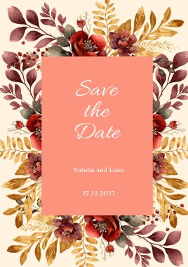 Renkli renkli çiçek vektörü güzel altın çiçek çizgileri düğün kartı şablonunda suluboya