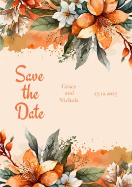 Renkli renkli çiçekli zarif düğün davetiyesi suluboya