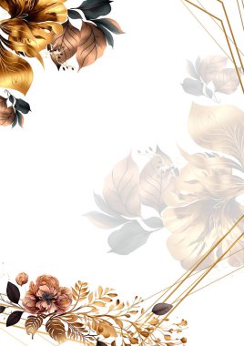 Renkli renkli çiçek vektörü güzel altın çiçek çizgileri düğün kartı şablonunda suluboya