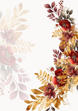 Renkli renkli çiçek vektörü güzel altın çiçek çizgileri düğün kartı şablonunda suluboya