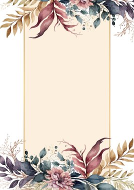 Renkli renkli çiçek vektörü güzel altın çiçek çizgileri düğün kartı şablonunda suluboya