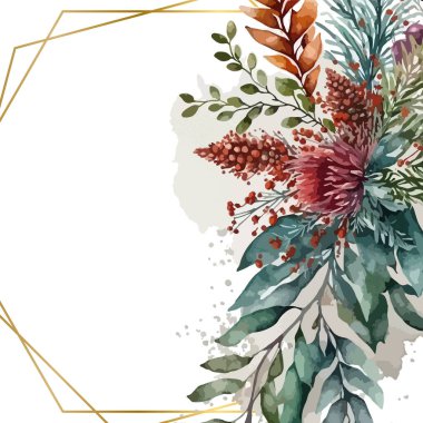 Renkli renkli çiçek vektörü güzel altın çiçek çizgileri düğün kartı şablonunda suluboya