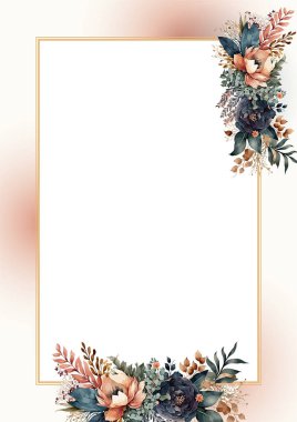 Düğün davetiyesi. Çiçekler, yapraklar, suluboya, beyazlar içinde izole edilmiş. Çizilmiş çelenk, çiçek ve yeşillik renginde çelenk. El yapımı Vektör Suluboya Biçimi, Doğa Sanatı.