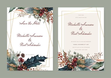 düğün davetiyesi, teşekkür kartı, RSVP, detaylar, menü, hoşgeldin, boho DIY suluboya yapraklı ve dallı şablon tasarımı, suluboya davetiyesi, güzel çiçekli çelenk.