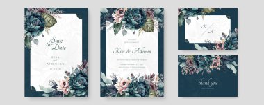 Renkli renkli çiçek vektörü suluboya düğün davetiyesi şablonu. Altın çiçeklerle süslenmiş.