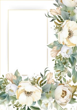 Renkli renkli çiçek vektörü suluboya düğün davetiyesi şablonu. Altın çiçeklerle süslenmiş.