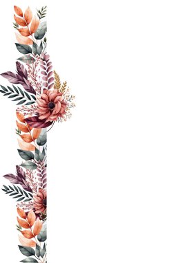 Düğün davetiyesi. Çiçekler, yapraklar, suluboya, beyaz üzerine izole edilmiş..