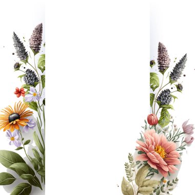 Düğün davetiyesi. Çiçekler, yapraklar, suluboya, beyaz üzerine izole edilmiş..