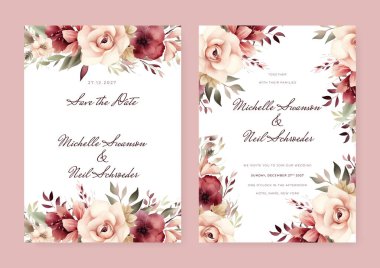 Çiçekli düğün davetiyesi şablonu. Kahverengi sakura çiçekleri ve yapraklar. Botanik kart tasarımı kavramı