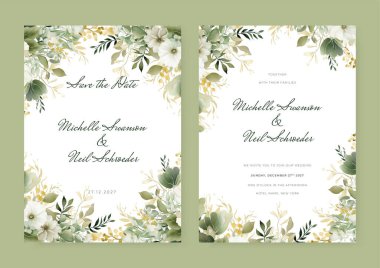 Çiçekli ve yapraklı güzel düğün davetiyesi şablonu