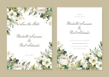 Güzel beyaz çiçek zarif düğün davetiyesi suluboya