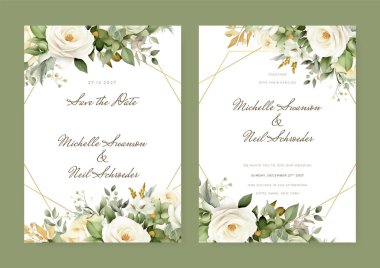 Çiçekli düğün davetiyesi şablonu tasarımı, mor suluboya beyaz manolya çiçekleri ile süslenmiş.