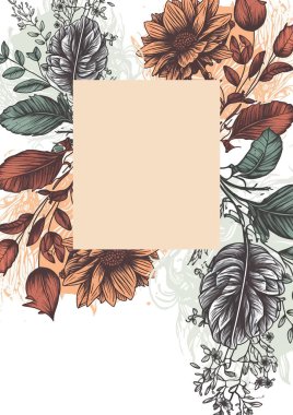 Renkli renkli çiçek vektörü güzel altın çiçek çizgileri düğün kartı şablonunda suluboya