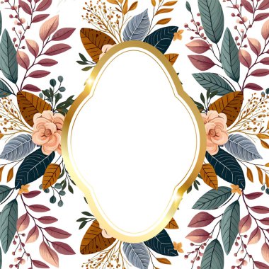 Renkli renkli çiçek vektörü suluboya düğün davetiyesi şablonu. Altın çiçeklerle süslenmiş.