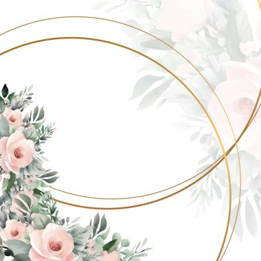 Renkli renkli çiçek vektörü güzel altın çiçek çizgileri düğün kartı şablonunda suluboya