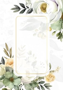 Renkli renkli çiçek vektörü suluboya düğün davetiyesi şablonu. Altın çiçeklerle süslenmiş.