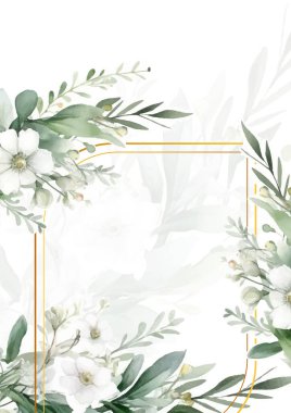 Renkli renkli çiçek vektörü suluboya düğün davetiyesi şablonu. Altın çiçeklerle süslenmiş.