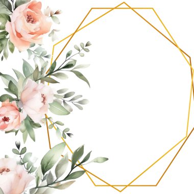 Renkli renkli çiçek vektörü güzel altın çiçek çizgileri düğün kartı şablonunda suluboya