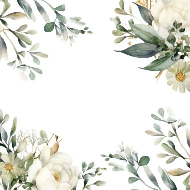 Renkli renkli çiçek vektörü suluboya düğün davetiyesi şablonu. Altın çiçeklerle süslenmiş.